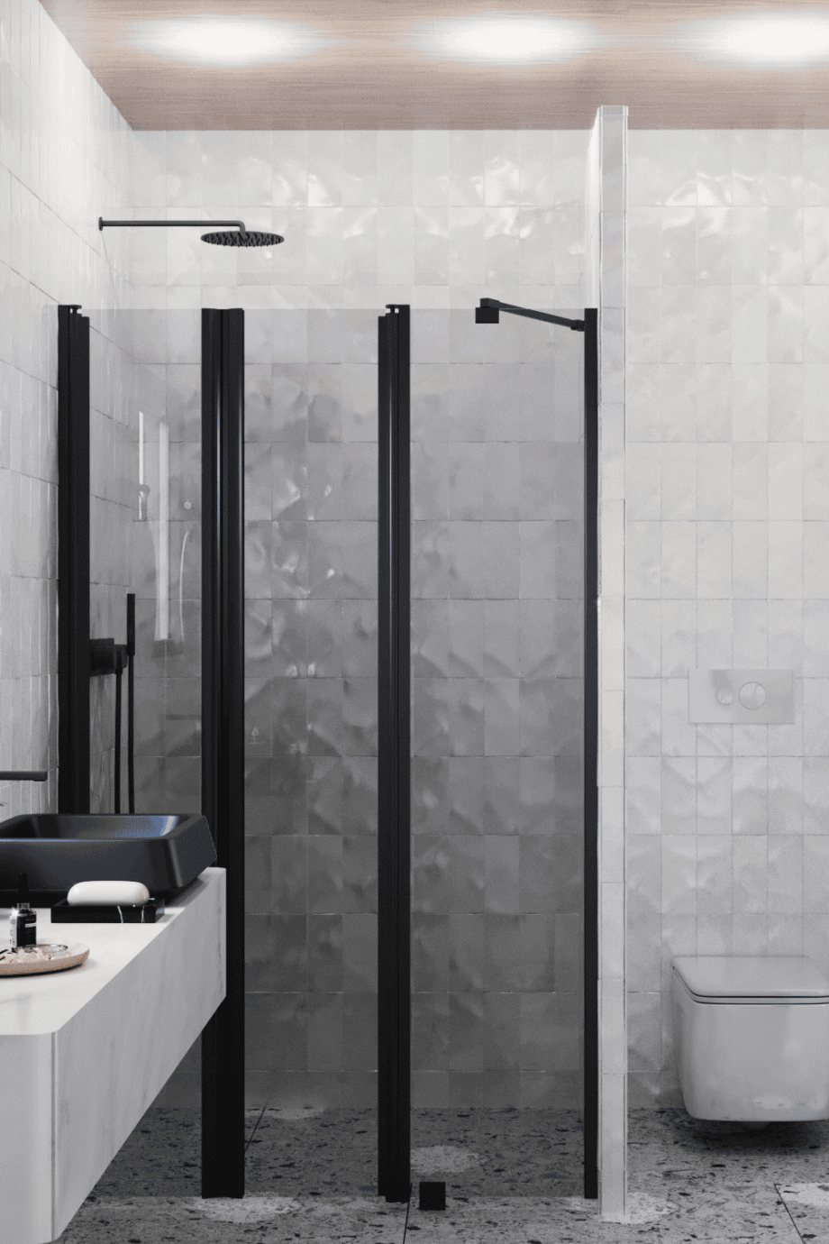 Alcove shower screen Hietakari Infinia 243, black frame, grey tinted glass