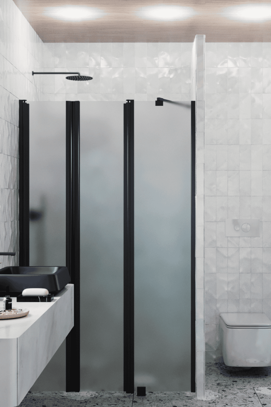 Alcove shower screen Hietakari Infinia 243, black frame, satin frosted glass