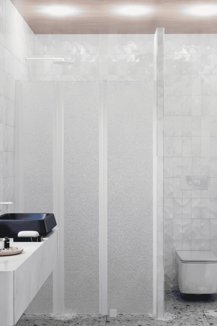 Alcove shower screen Hietakari Infinia 243, white frame, Chinchilla patterned glass