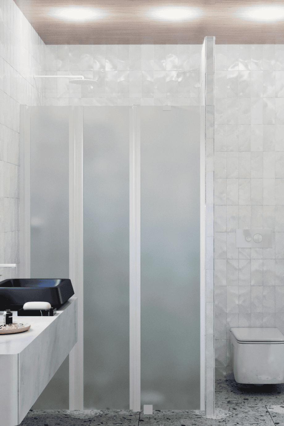 Alcove shower screen Hietakari Infinia 243, white frame, satin frosted glass