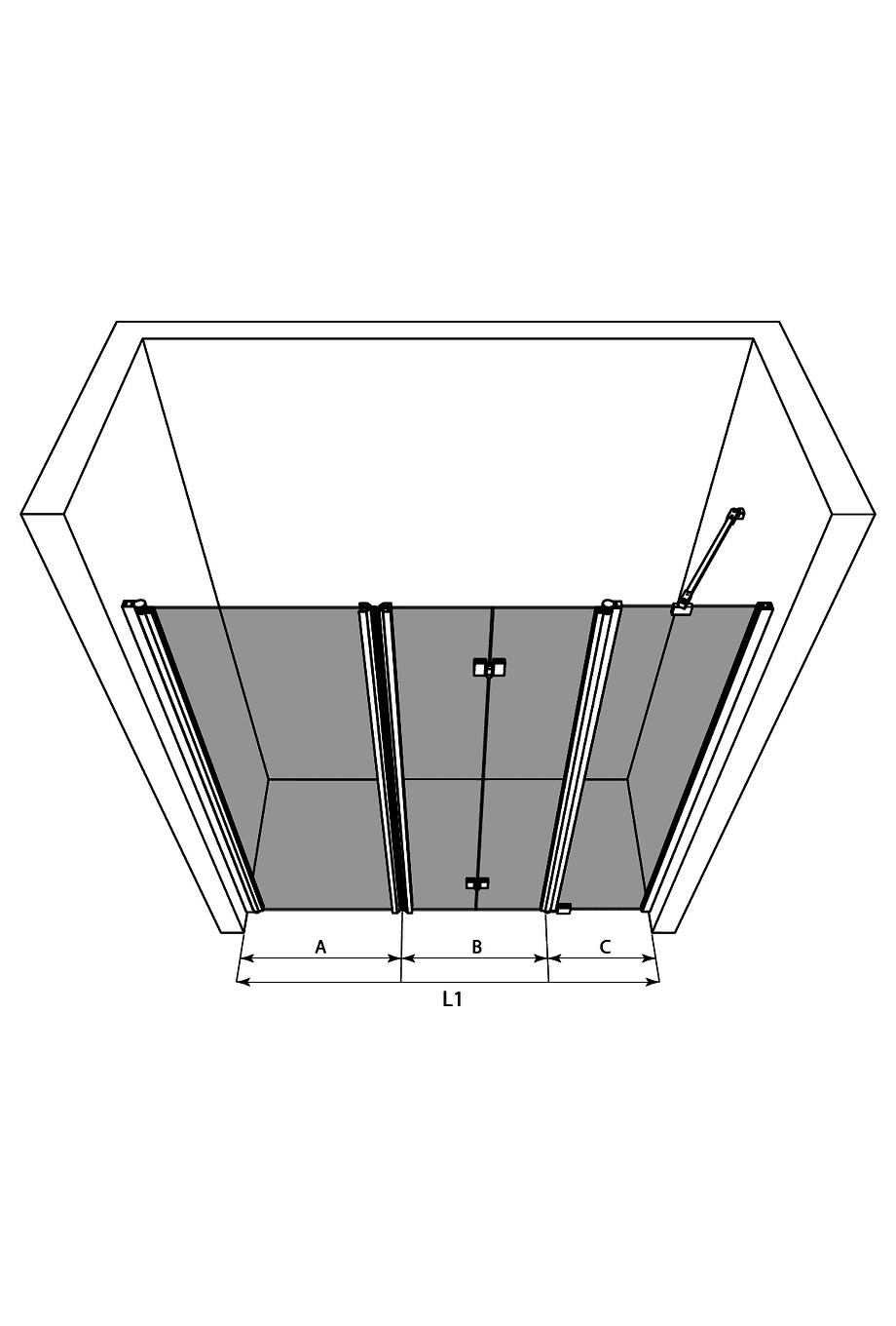 Alcove shower screen Hietakari Infinia 244 – 3D drawing Alcove shower screen Hietakari Infinia 244 – 3D drawing