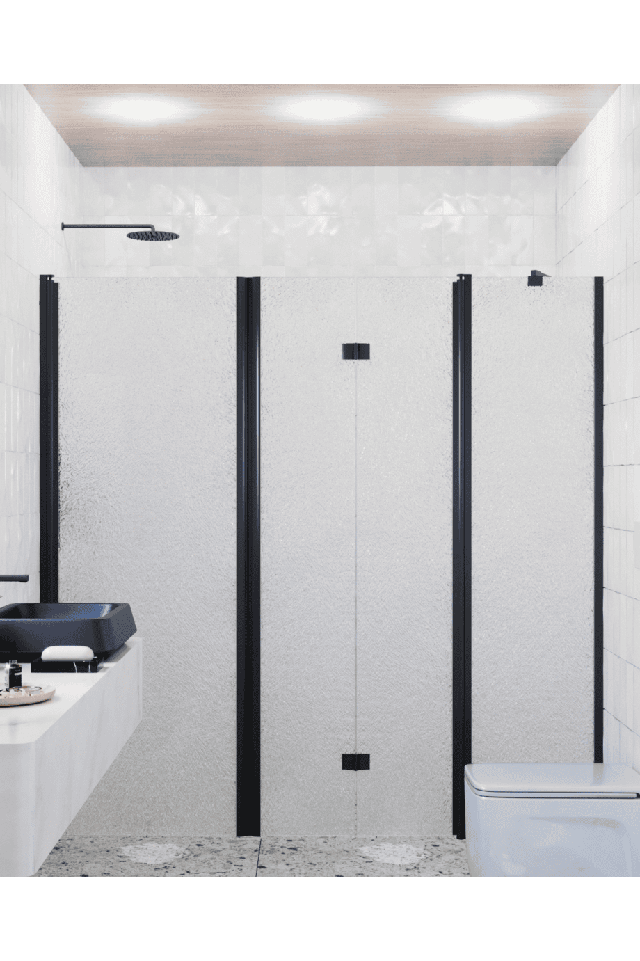 Alcove shower screen Hietakari Infinia 244, black frame, Chinchilla patterned glass Alcove shower screen Hietakari Infinia 244, black frame, Chinchilla patterned glass