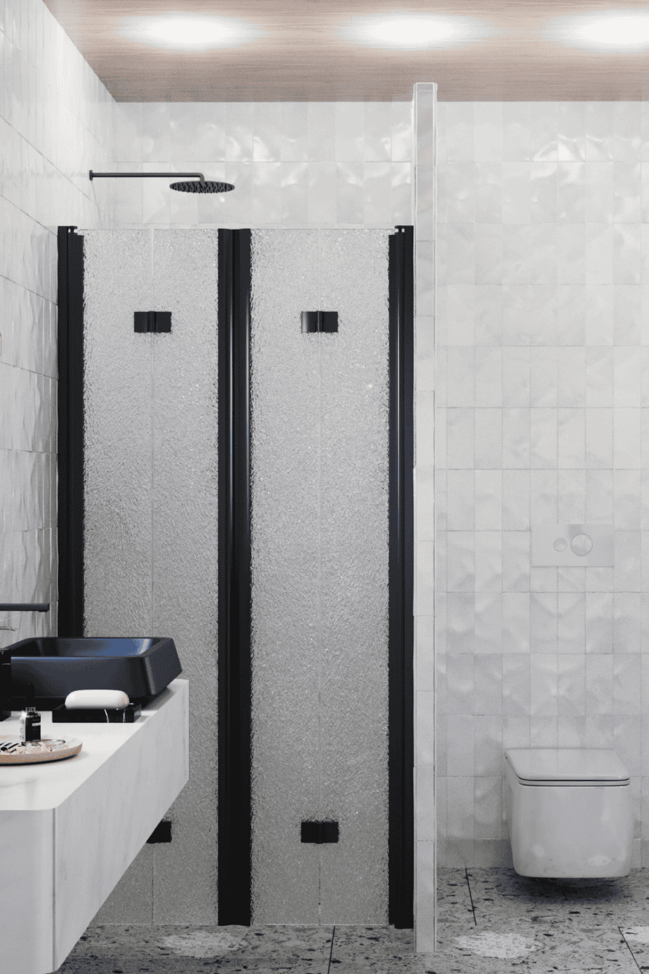 Alcove shower screen Hietakari Infinia 245, black frame, Chinchilla patterned glass Alcove shower screen Hietakari Infinia 245, black frame, Chinchilla patterned glass
