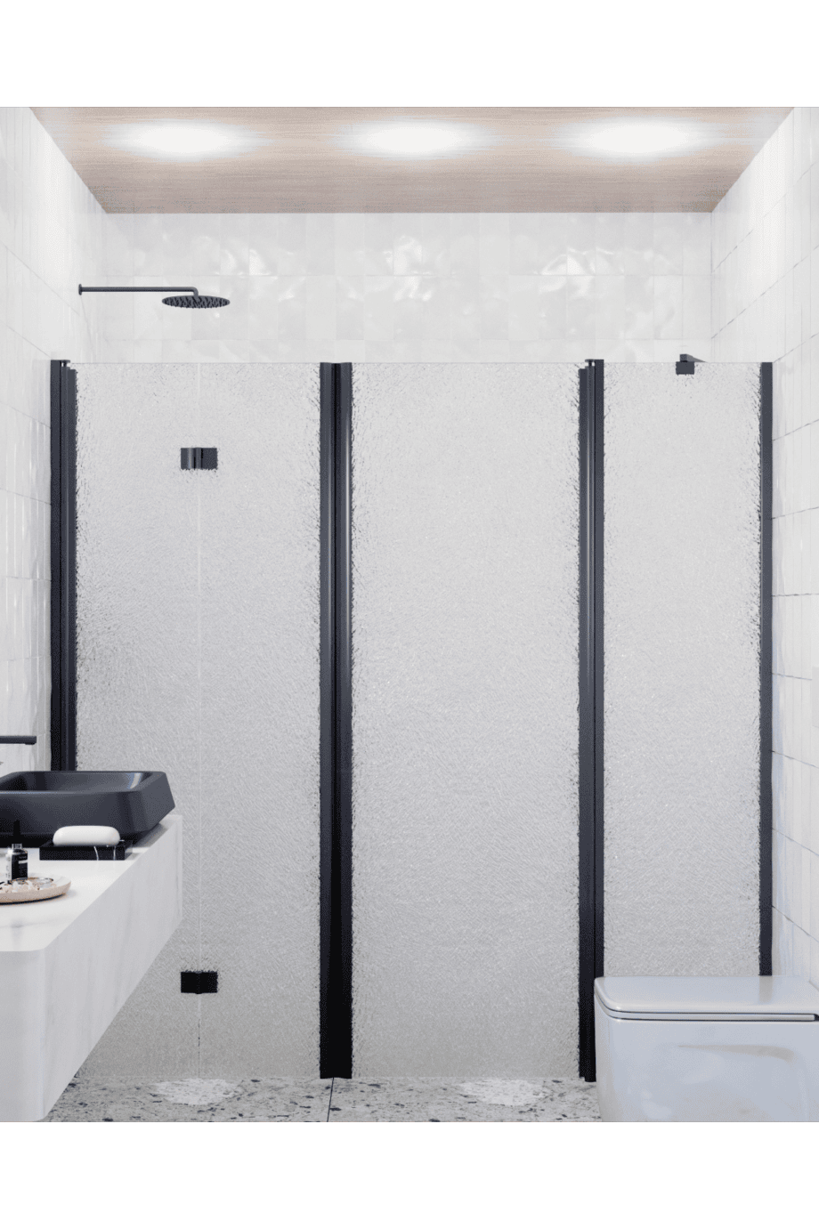 Alcove shower screen Hietakari Infinia 246, black frame, Chinchilla patterned glass Alcove shower screen Hietakari Infinia 246, black frame, Chinchilla patterned glass