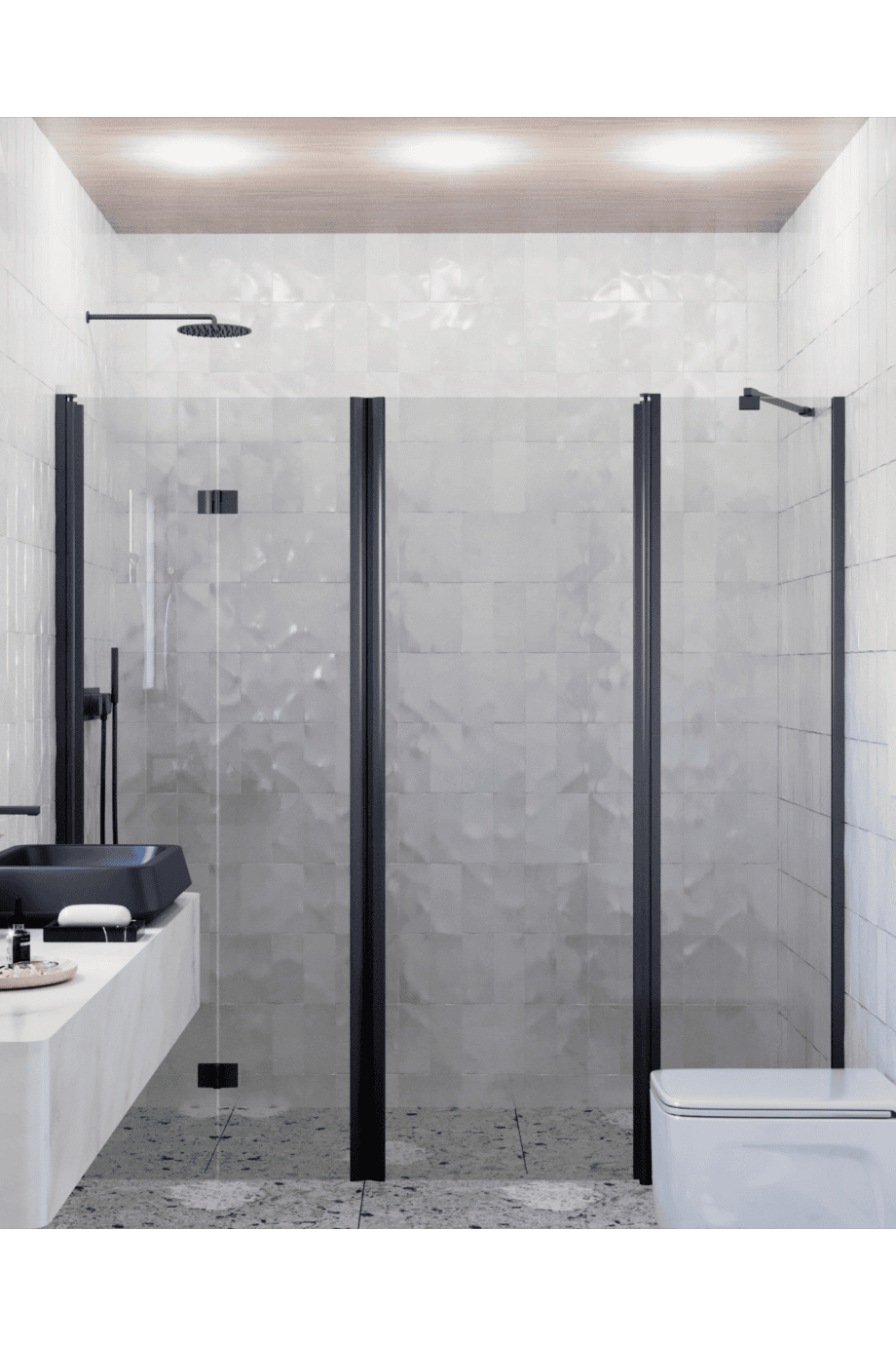 Alcove shower screen Hietakari Infinia 246, black frame, grey tinted glass Alcove shower screen Hietakari Infinia 246, black frame, grey tinted glass
