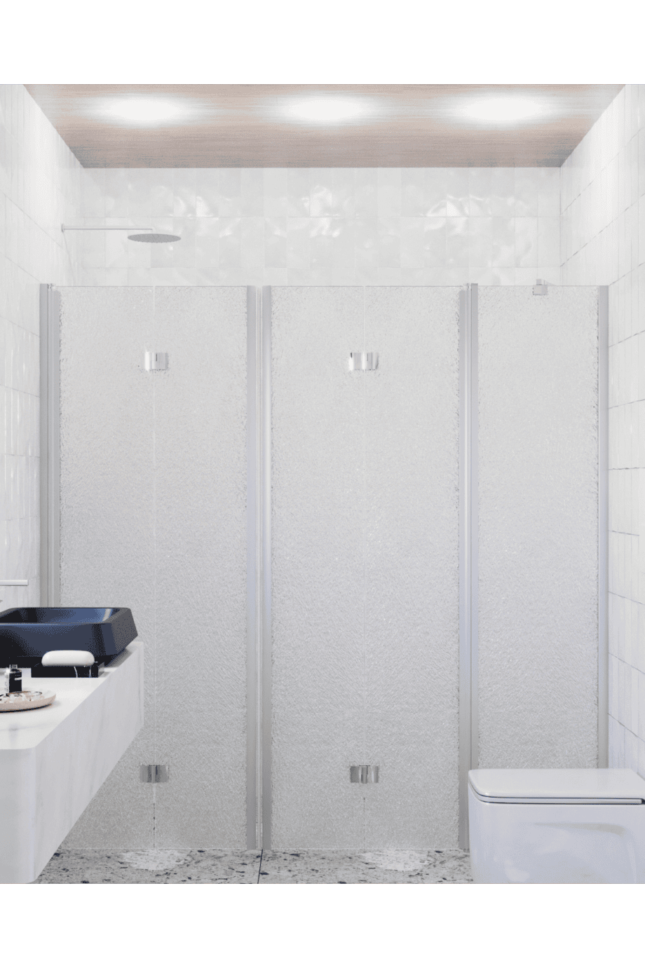 Alcove shower screen Hietakari Infinia 247, aluminium frame, Chinchilla patterned glass