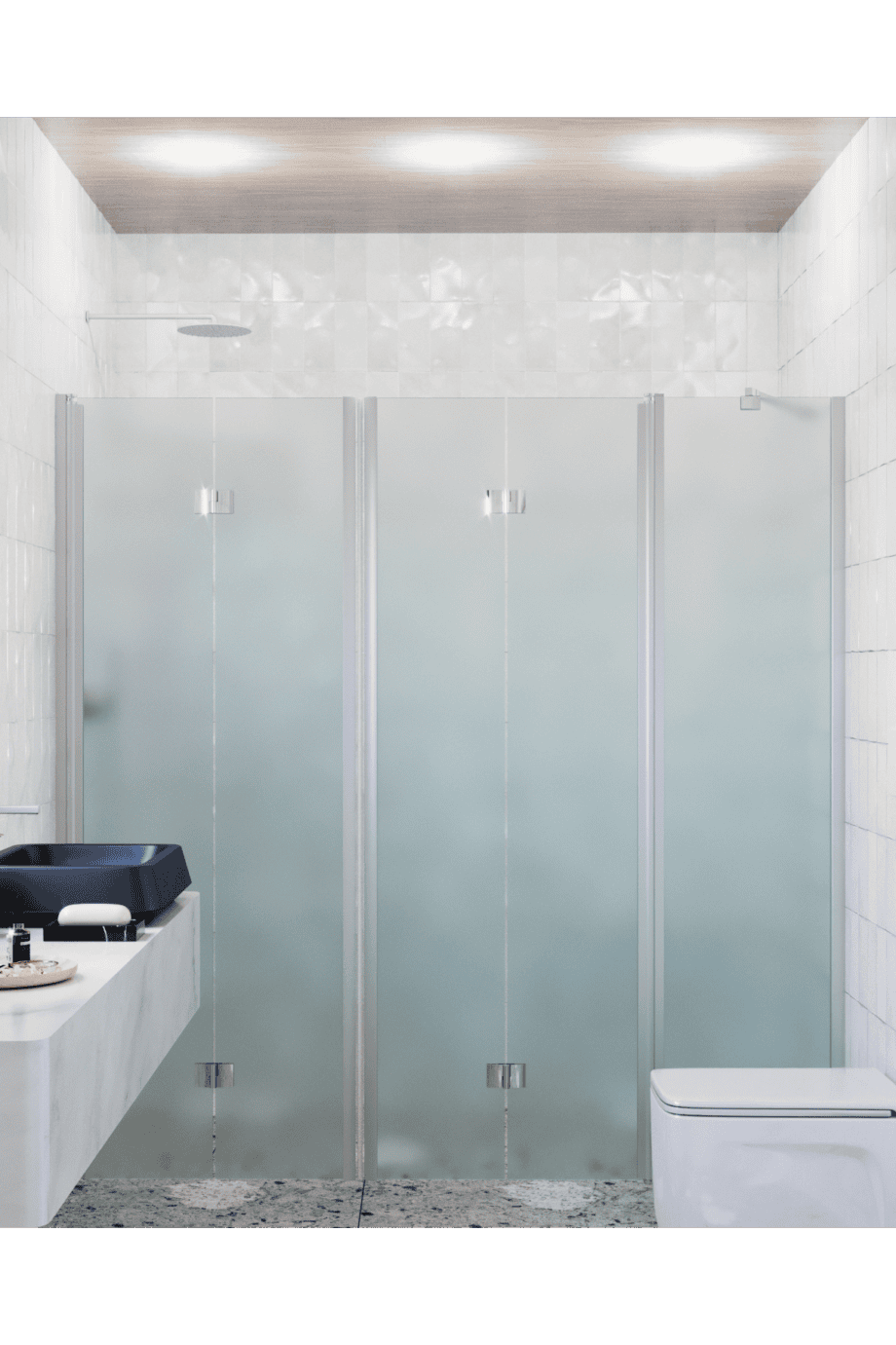 Alcove shower screen Hietakari Infinia 247, aluminium frame, satin frosted glass