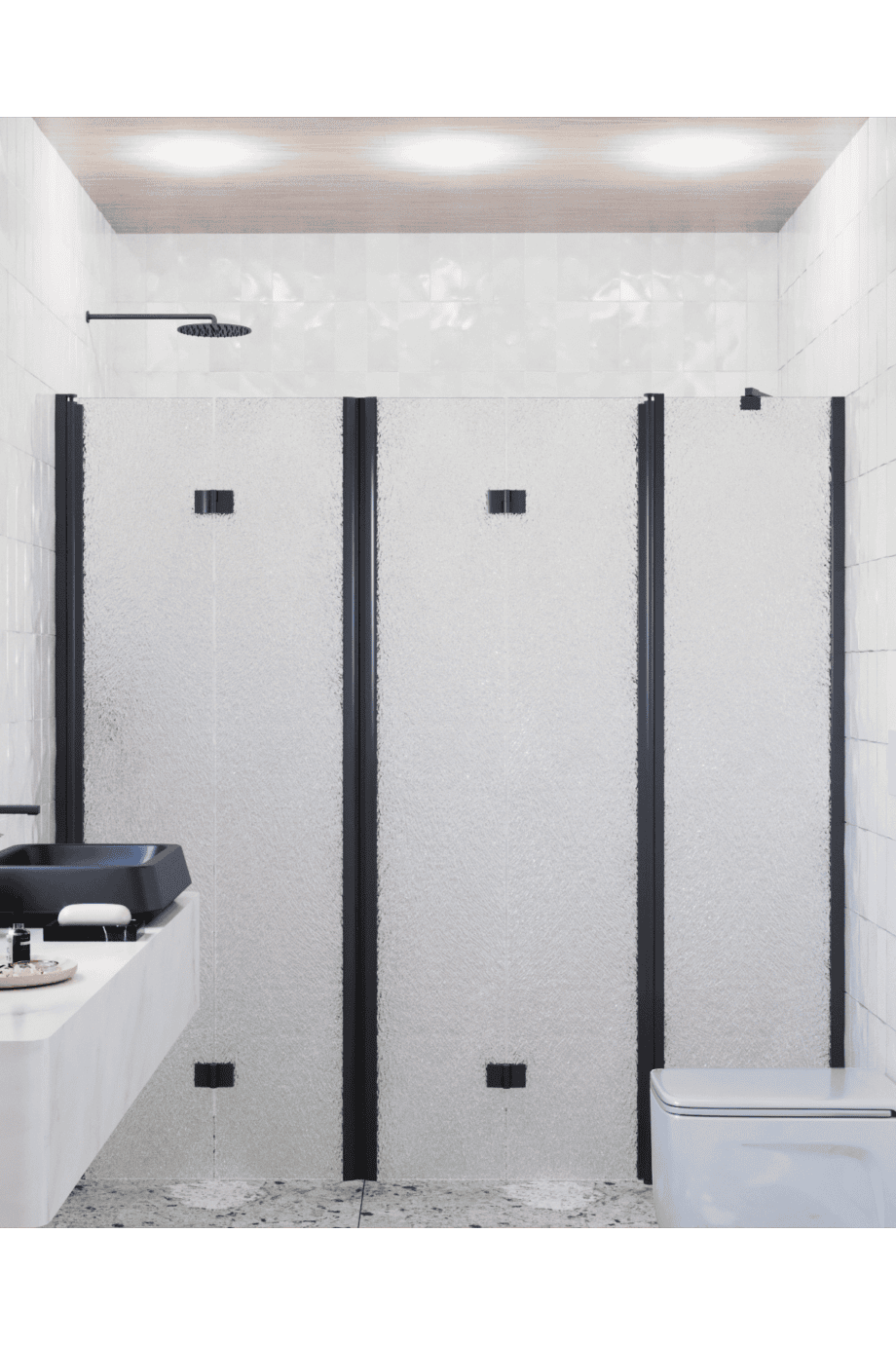 Alcove shower screen Hietakari Infinia 247, black frame, Chinchilla patterned glass