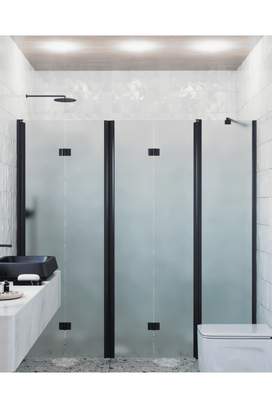 Alcove shower screen Hietakari Infinia 247, black frame, satin frosted glass