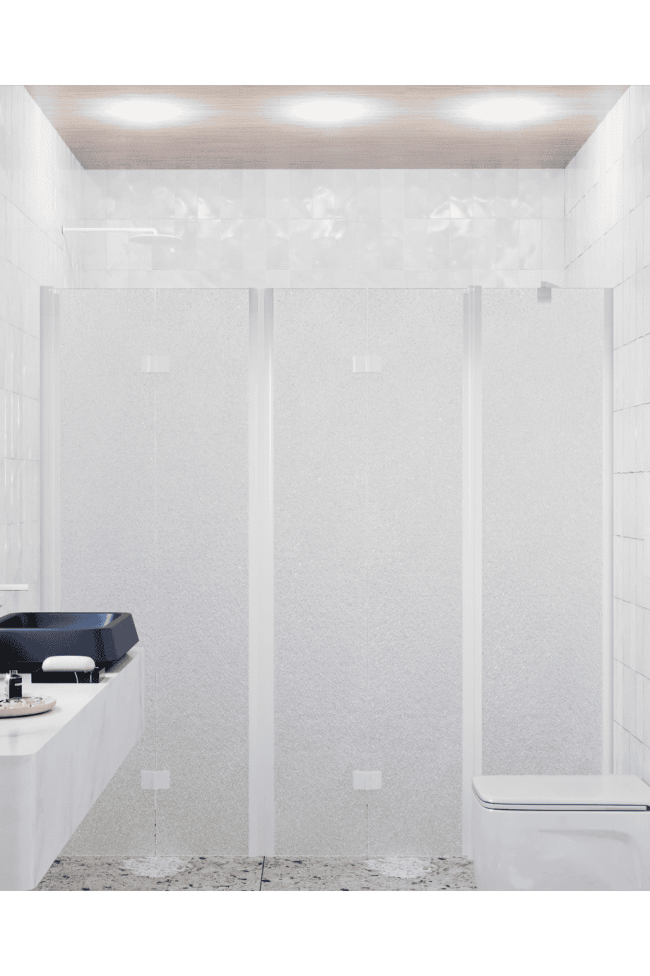 Alcove shower screen Hietakari Infinia 247, white frame, Chinchilla patterned glass
