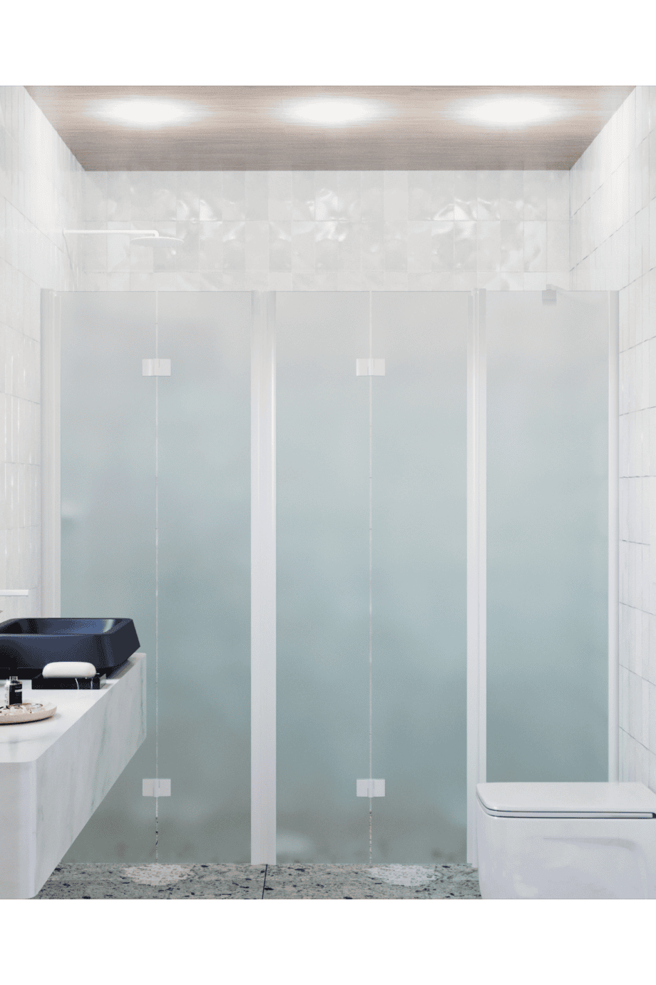 Alcove shower screen Hietakari Infinia 247, white frame, satin frosted glass