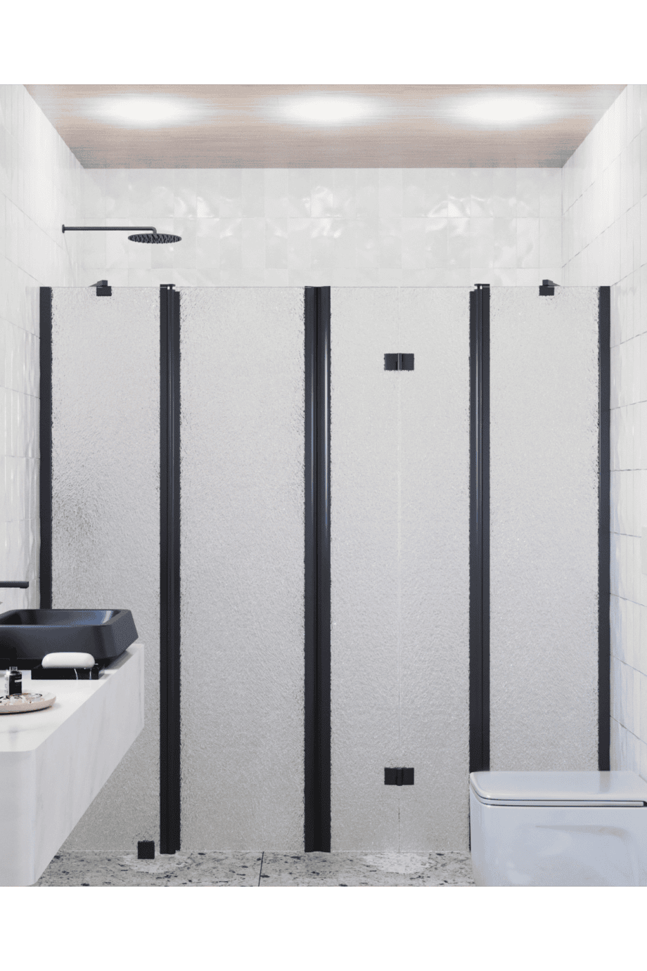 Alcove shower screen Hietakari Infinia 249, black frame, Chinchilla patterned glass Alcove shower screen Hietakari Infinia 249, black frame, Chinchilla patterned glass