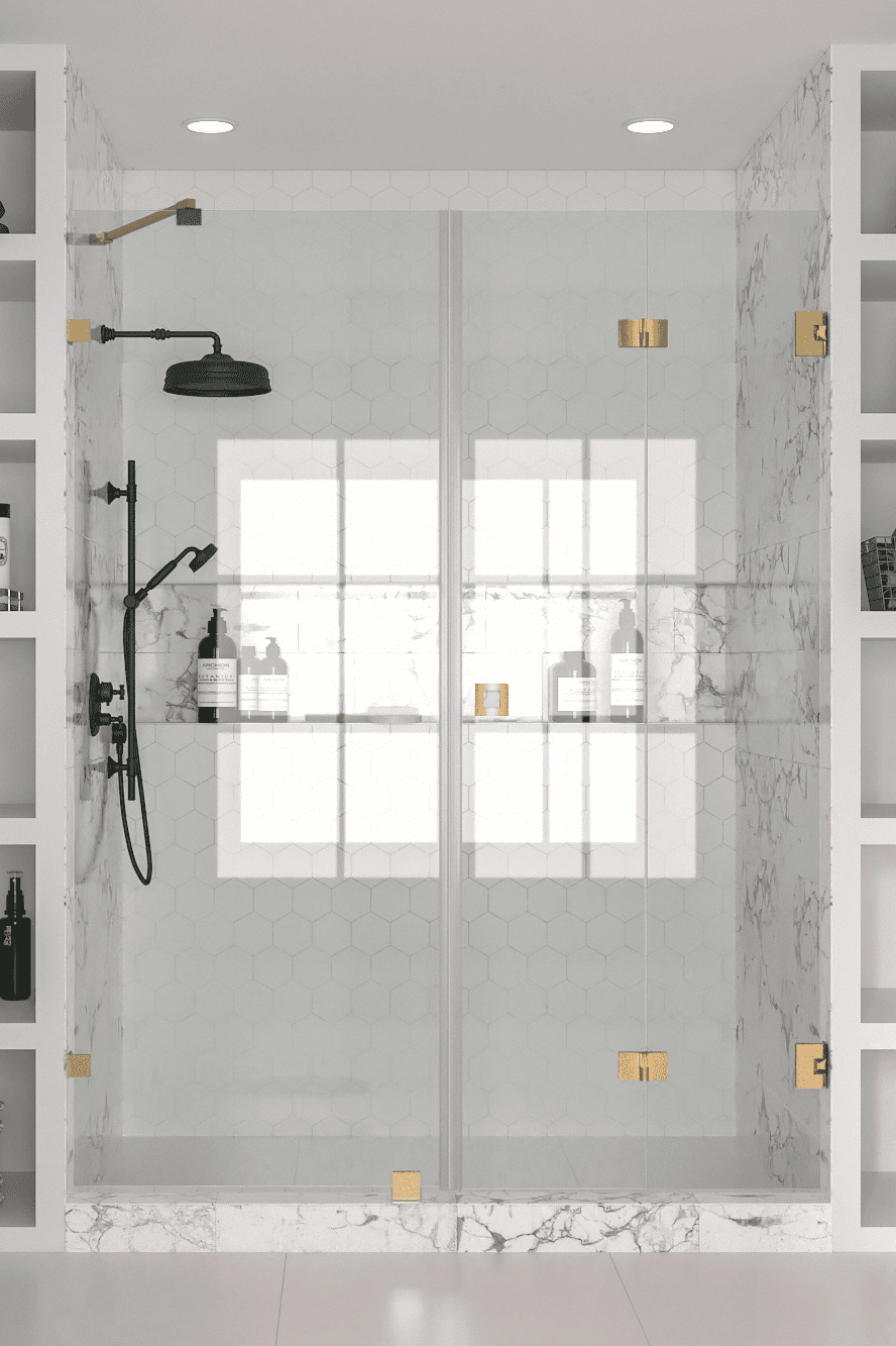 Alcove shower screen Hietakari Vetro 532, brass fittings, clear glass Alcove shower screen Hietakari Vetro 532, brass fittings, clear glass