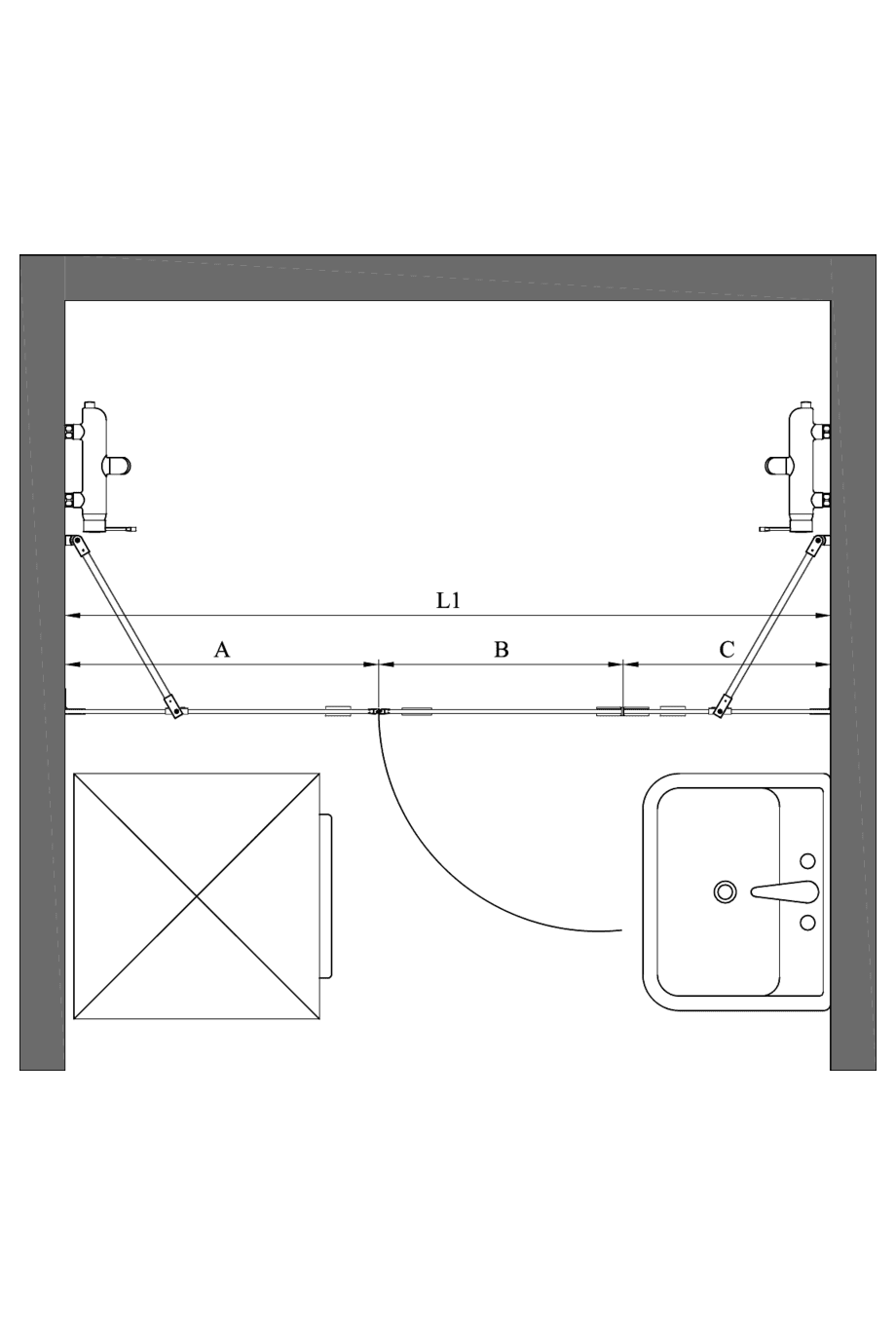 Alcove shower screen Hietakari Vetro 533 – dimension drawing Alcove shower screen Hietakari Vetro 533 – dimension drawing