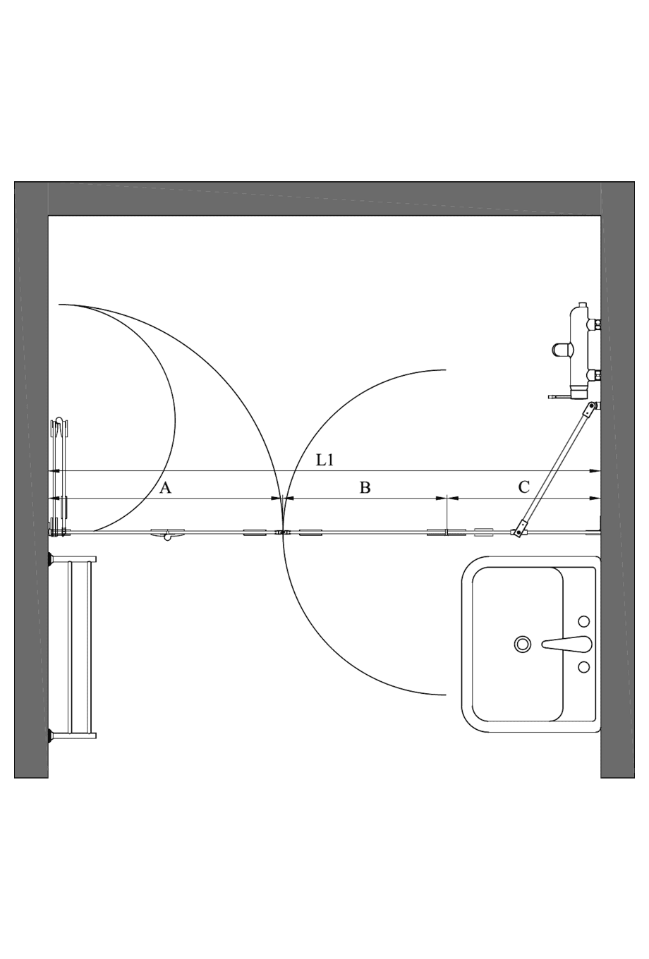 Alcove shower screen Hietakari Vetro 538 – dimension drawing Alcove shower screen Hietakari Vetro 538 – dimension drawing
