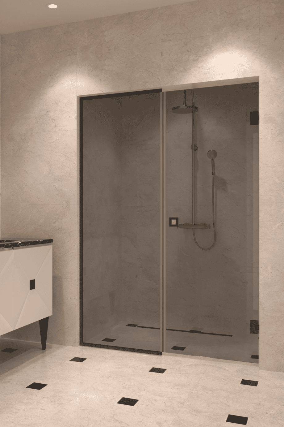 Alcove shower screen Hietakari Vetro 549, Cocoa fittings, grey tinted glass Alcove shower screen Hietakari Vetro 549, Cocoa fittings, grey tinted glass