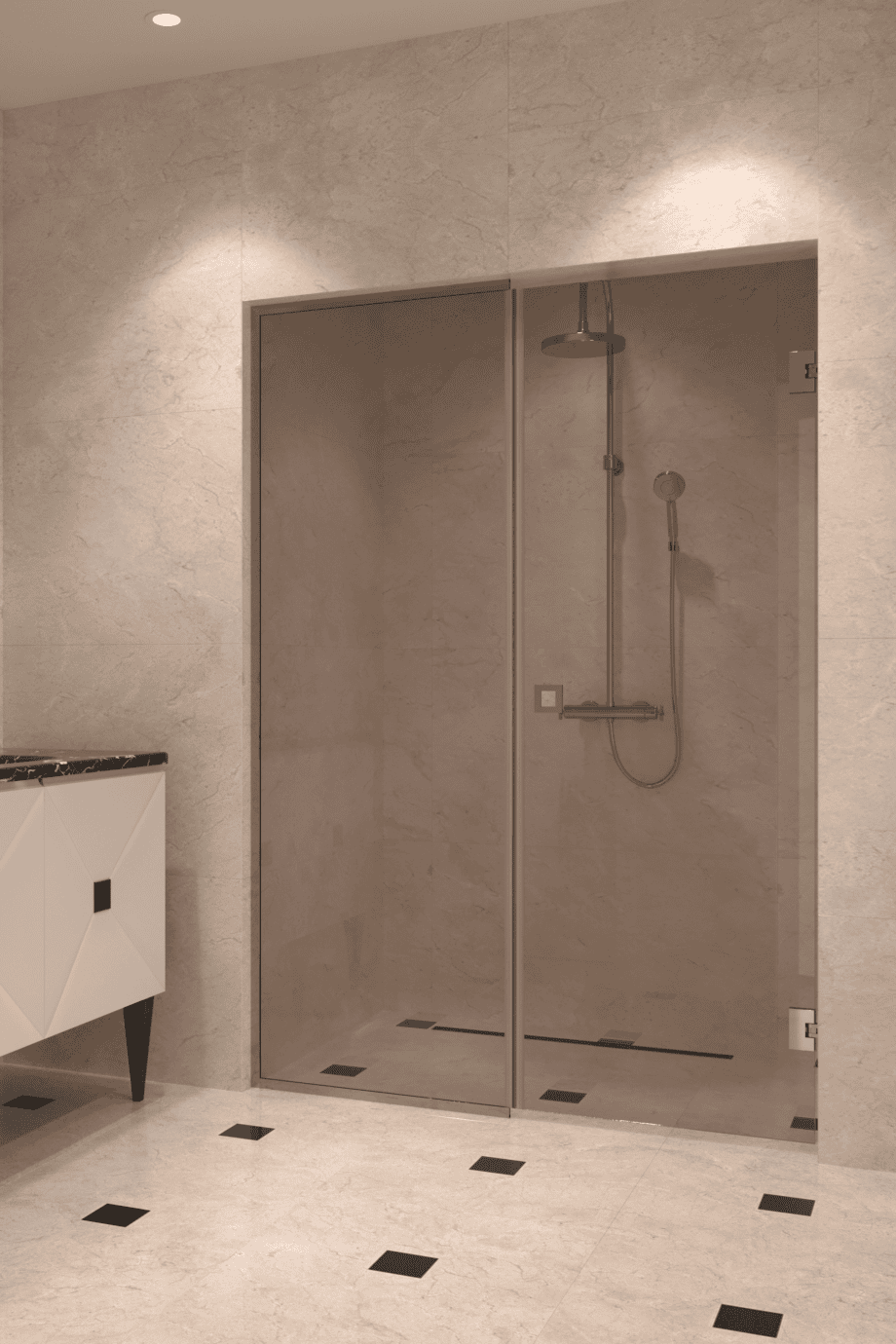 Alcove shower screen Hietakari Vetro 549, chrome fittings, bronze tinted glass Alcove shower screen Hietakari Vetro 549, chrome fittings, bronze tinted glass