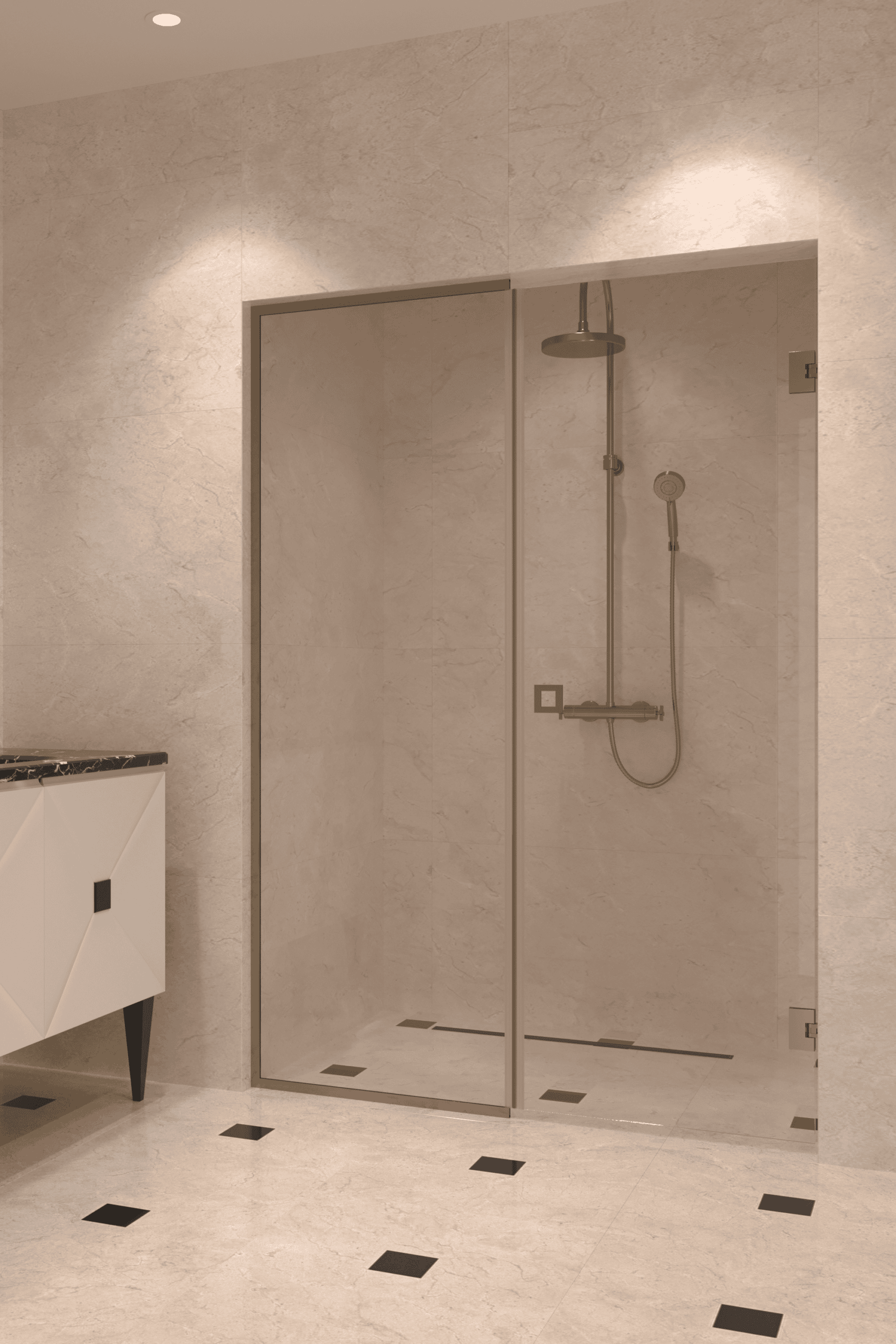 Alcove shower screen Hietakari Vetro 549, brass fittings, clear glass Alcove shower screen Hietakari Vetro 549, brass fittings, clear glass