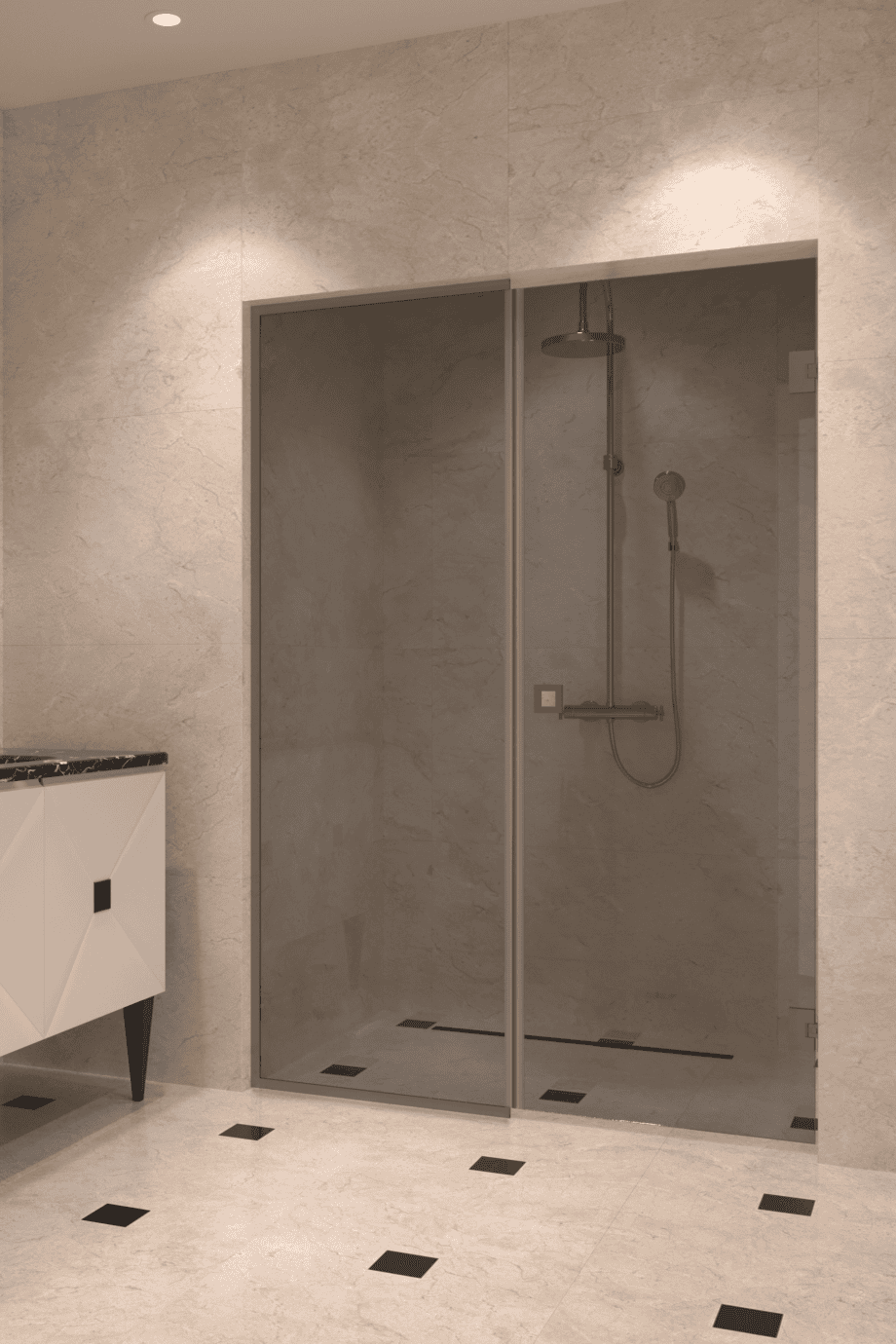 Alcove shower screen Hietakari Vetro 549, Mocha fittings, grey tinted glass Alcove shower screen Hietakari Vetro 549, Mocha fittings, grey tinted glass