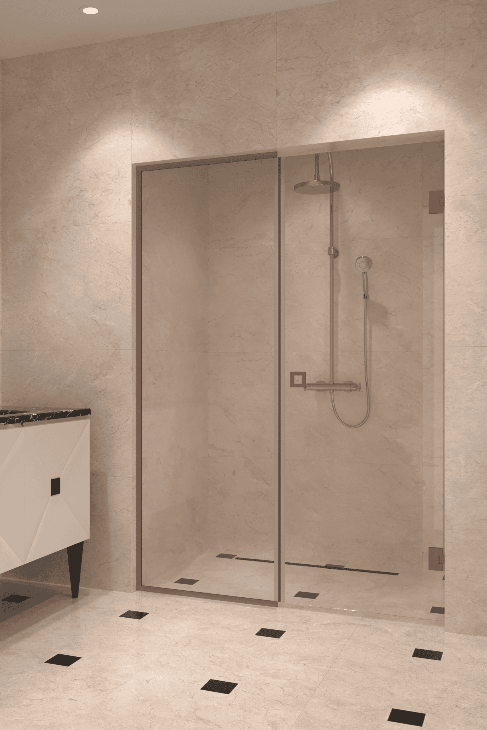 Alcove shower screen Hietakari Vetro 549, Mocha fittings, clear glass Alcove shower screen Hietakari Vetro 549, Mocha fittings, clear glass