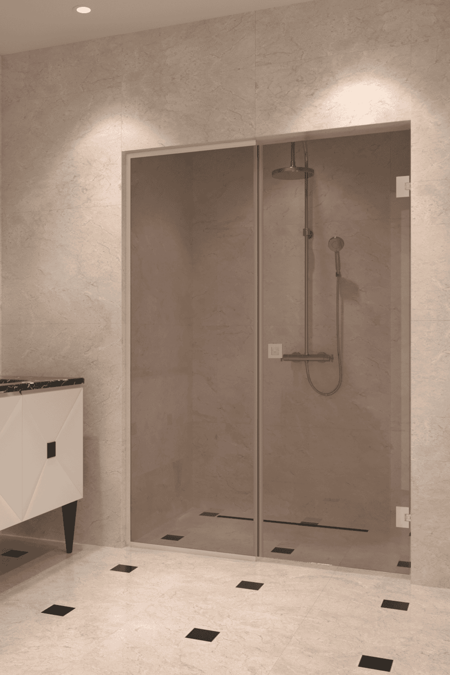 Alcove shower screen Hietakari Vetro 549, Sand fittings, bronze tinted glass Alcove shower screen Hietakari Vetro 549, Sand fittings, bronze tinted glass