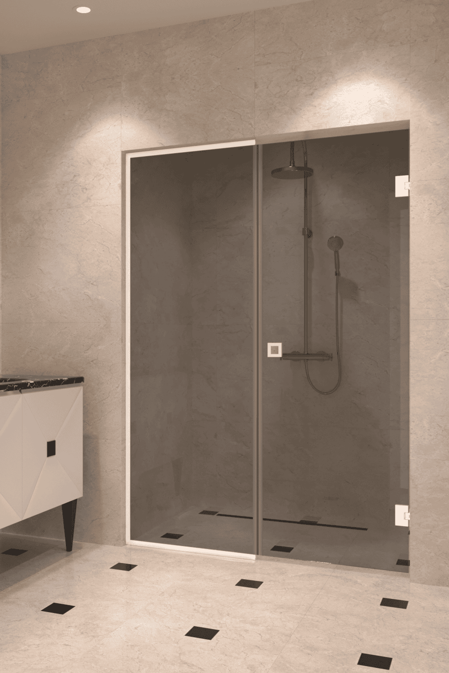 Alcove shower screen Hietakari Vetro 549, white fittings, grey tinted glass Alcove shower screen Hietakari Vetro 549, white fittings, grey tinted glass