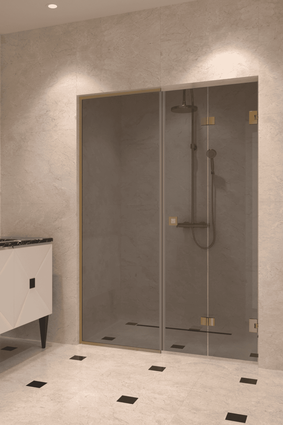 Alcove shower screen Hietakari Vetro 550, brass fittings, grey tinted glass Alcove shower screen Hietakari Vetro 550, brass fittings, grey tinted glass