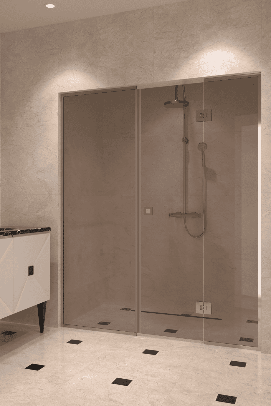 Alcove shower screen Hietakari Vetro 551, chrome fittings, bronze tinted glass Alcove shower screen Hietakari Vetro 551, chrome fittings, bronze tinted glass