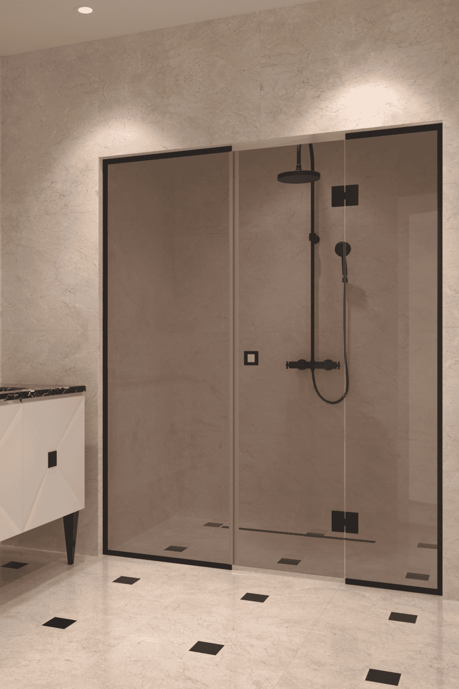 Alcove shower screen Hietakari Vetro 551, black fittings, bronze tinted glass Alcove shower screen Hietakari Vetro 551, black fittings, bronze tinted glass