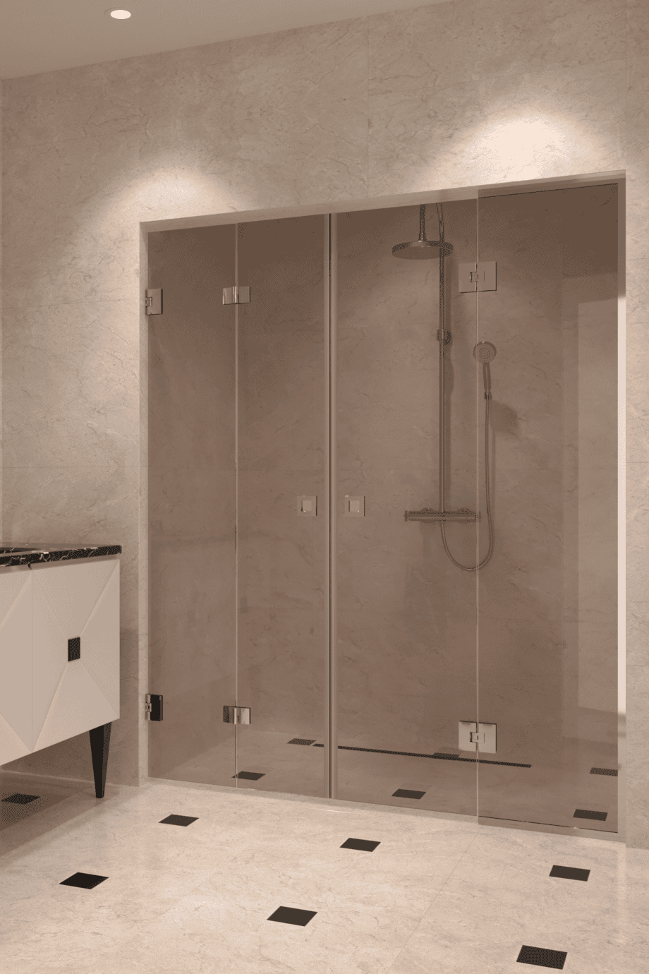 Alcove shower screen Hietakari Vetro 553, chrome fittings, bronze tinted glass Alcove shower screen Hietakari Vetro 553, chrome fittings, bronze tinted glass