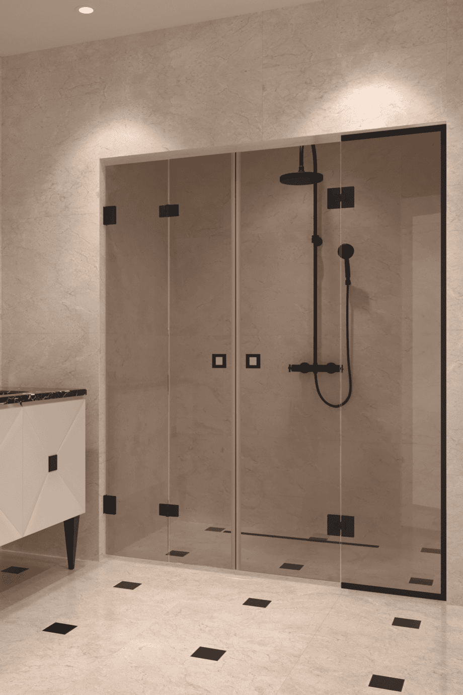 Alcove shower screen Hietakari Vetro 553, black fittings, bronze tinted glass Alcove shower screen Hietakari Vetro 553, black fittings, bronze tinted glass
