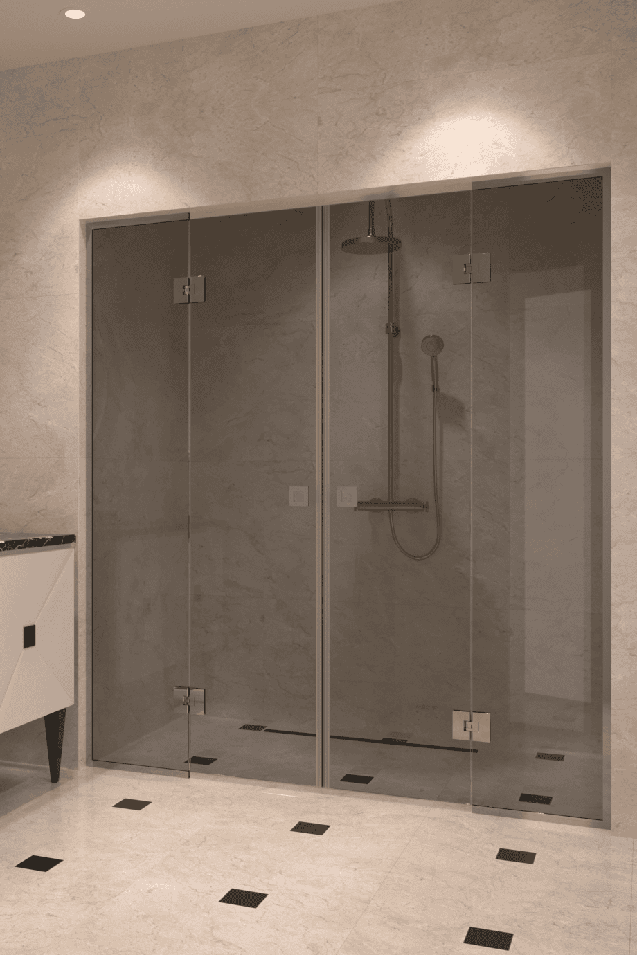 Alcove shower screen Hietakari Vetro 554, chrome fittings, grey tinted glass Alcove shower screen Hietakari Vetro 554, chrome fittings, grey tinted glass