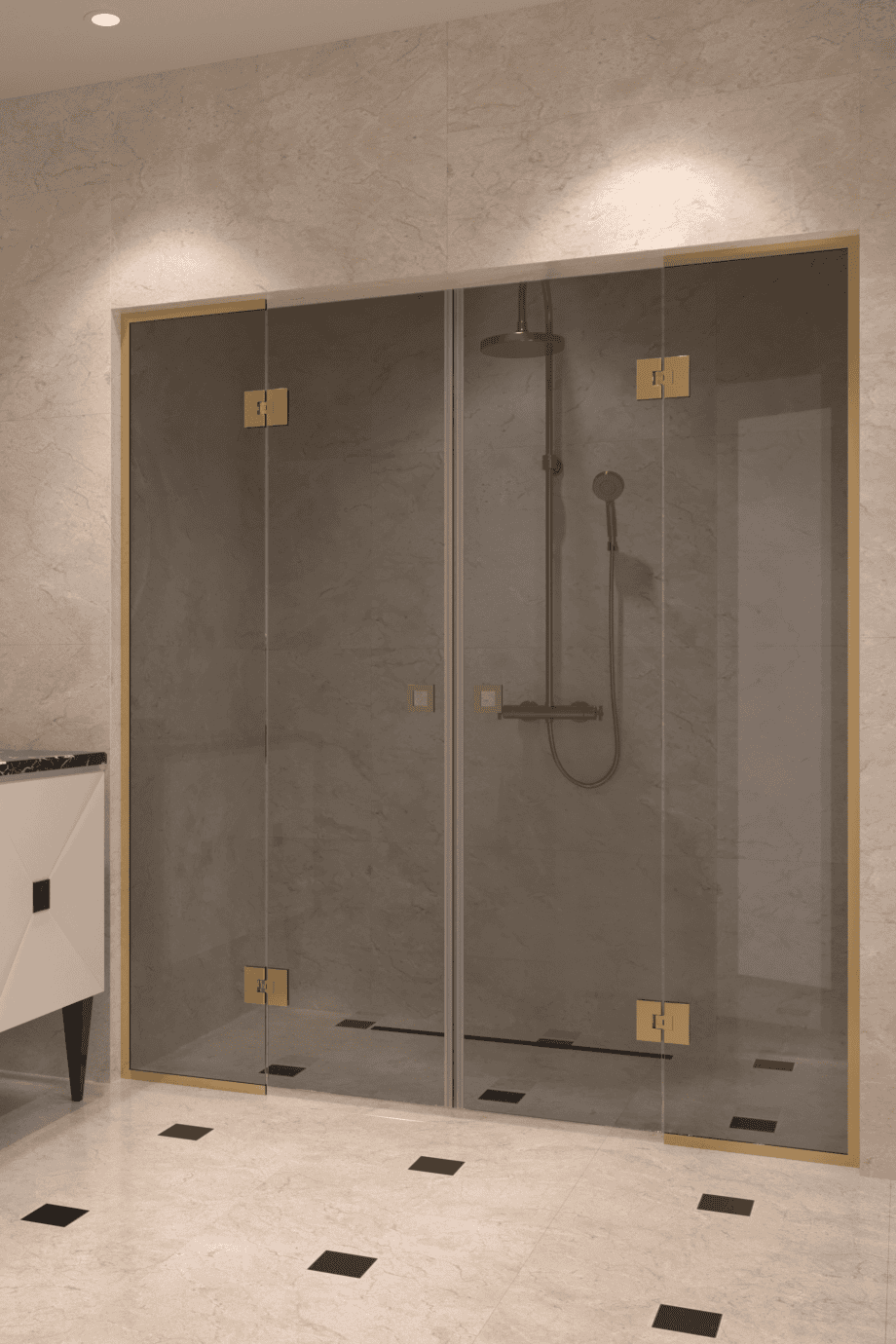Alcove shower screen Hietakari Vetro 554, brass fittings, grey tinted glass Alcove shower screen Hietakari Vetro 554, brass fittings, grey tinted glass