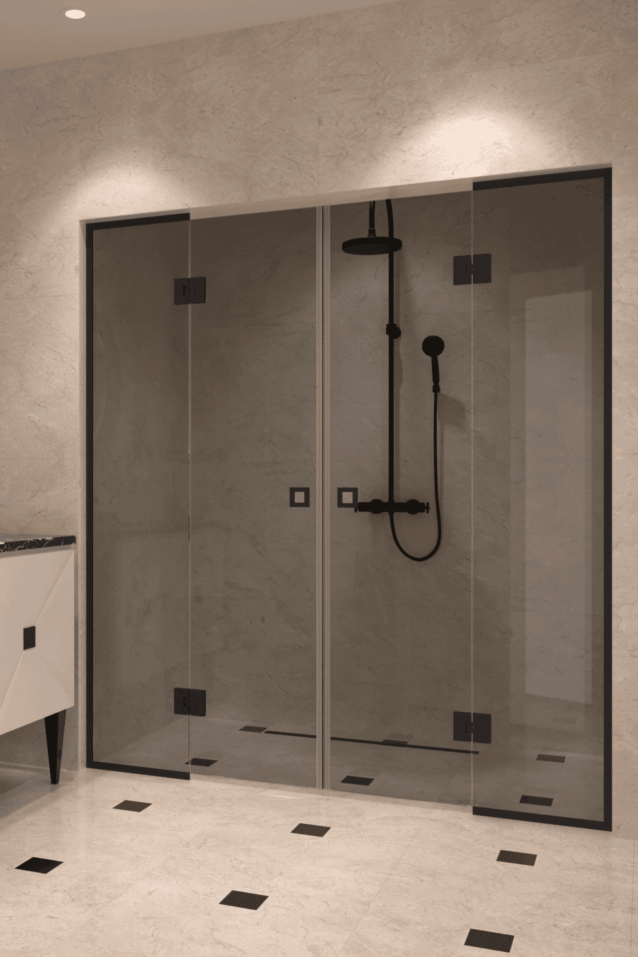 Alcove shower screen Hietakari Vetro 554, black fittings, grey tinted glass Alcove shower screen Hietakari Vetro 554, black fittings, grey tinted glass