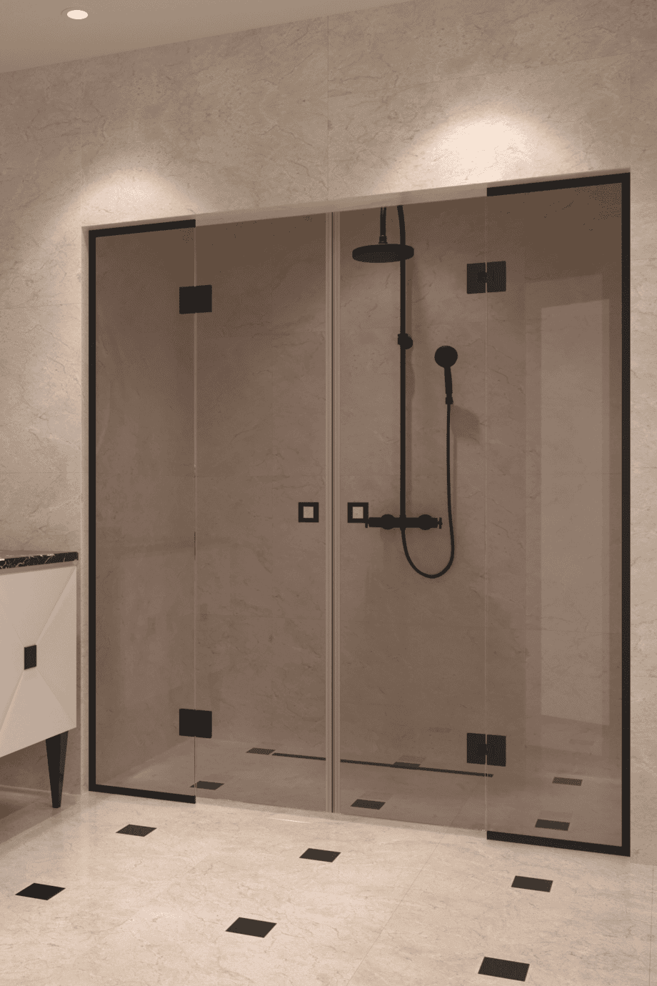 Alcove shower screen Hietakari Vetro 554, black fittings, bronze tinted glass Alcove shower screen Hietakari Vetro 554, black fittings, bronze tinted glass