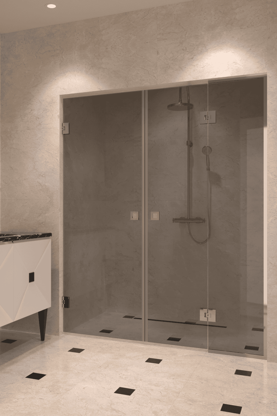 Alcove shower screen Hietakari Vetro 555, chrome fittings, grey tinted glass