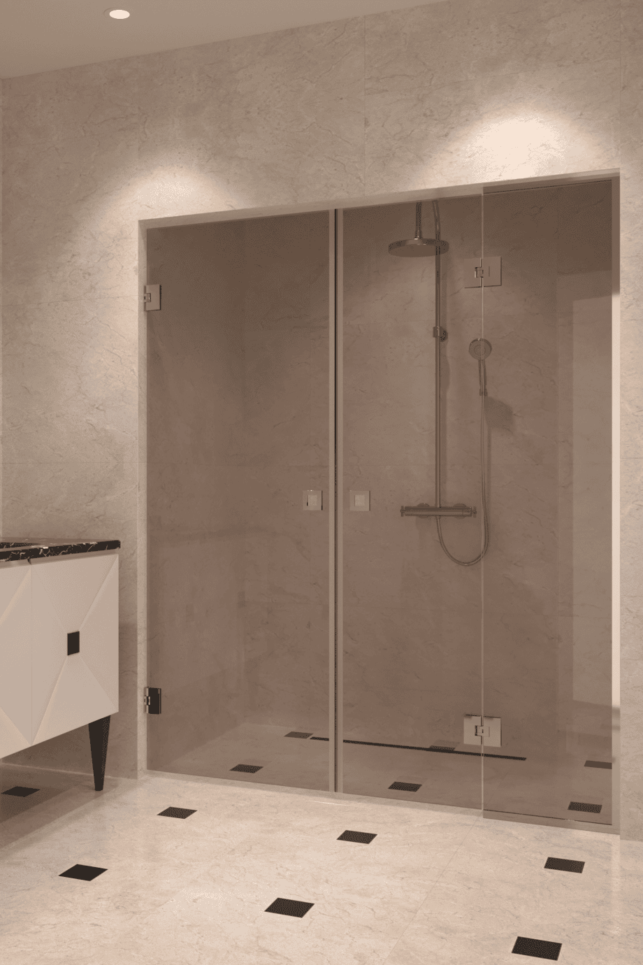 Alcove shower screen Hietakari Vetro 555, chrome fittings, bronze tinted glass