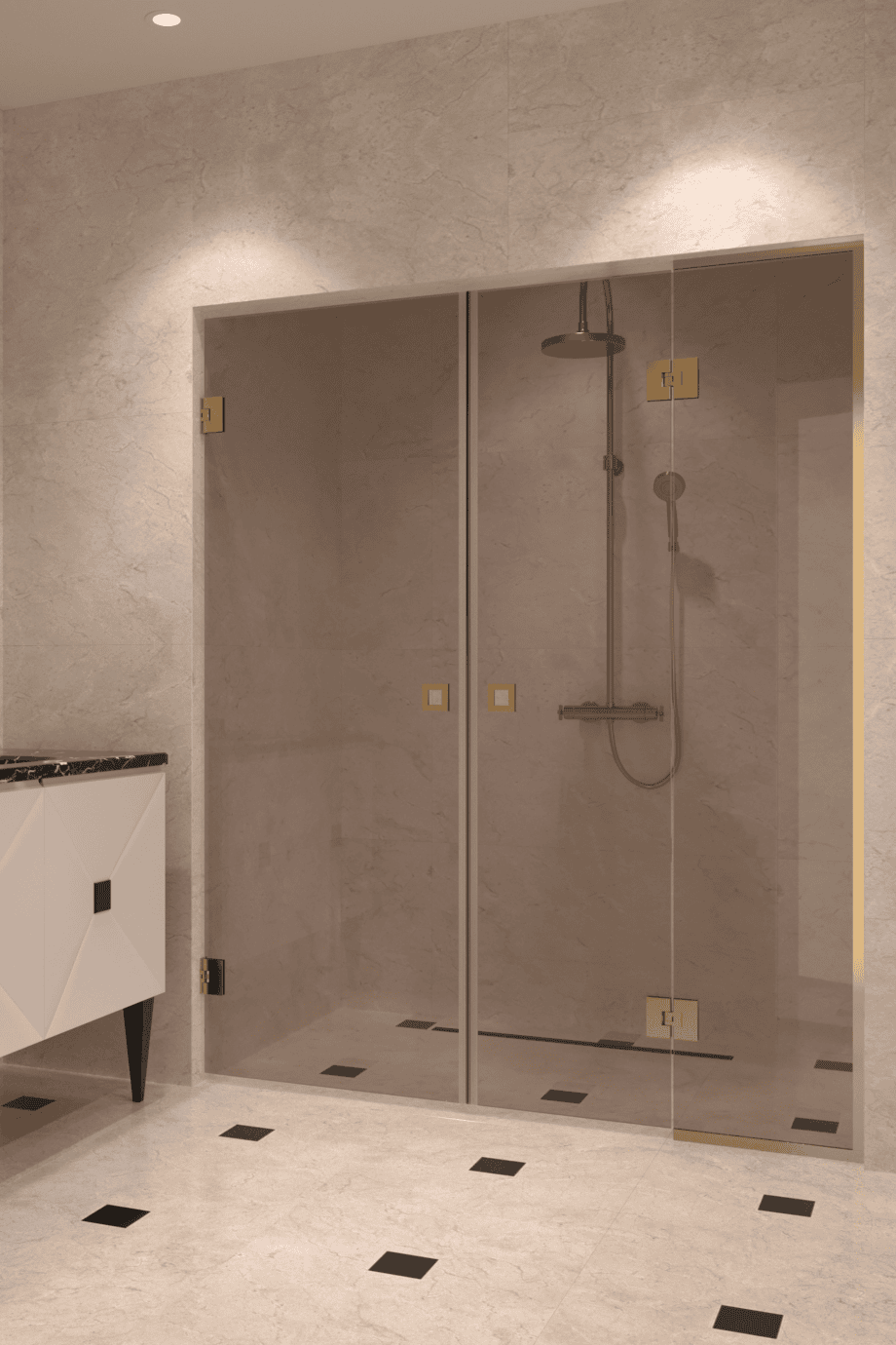 Alcove shower screen Hietakari Vetro 555, brass fittings, bronze tinted glass