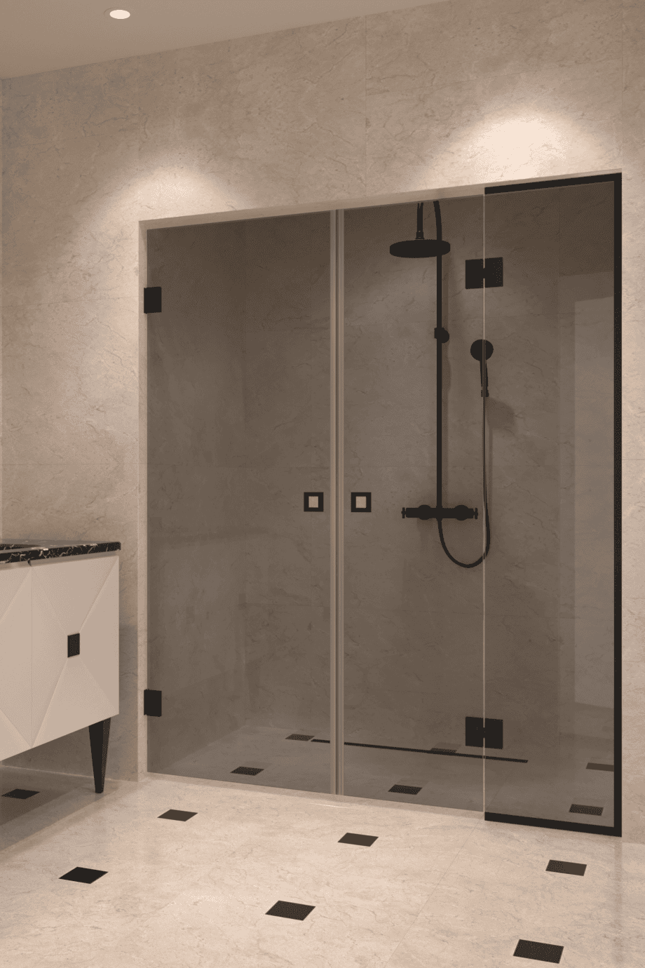 Alcove shower screen Hietakari Vetro 555, black fittings, grey tinted glass