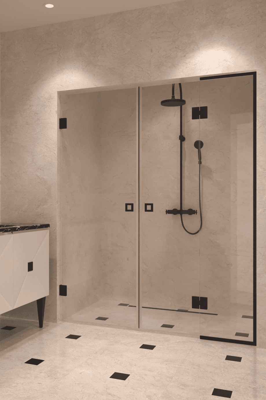 Alcove shower screen Hietakari Vetro 555, black fittings, clear glass