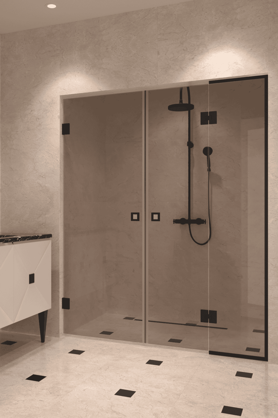 Alcove shower screen Hietakari Vetro 555, black fittings, bronze tinted glass