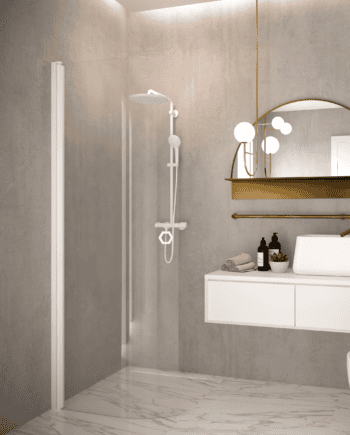 Curved hinged shower door Hietakari Forma 306, white frame, clear glass