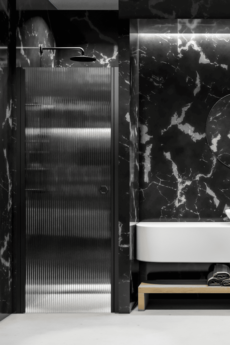 Hinged shower door with wall magnet Hietakari Forma 382, black frame, reeded glass Hinged shower door with wall magnet Hietakari Forma 382, black frame, reeded glass