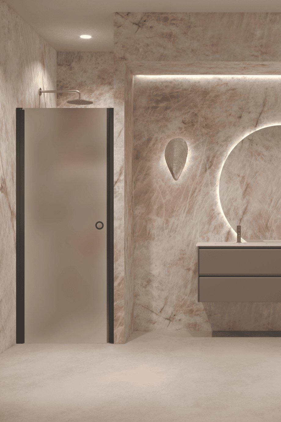 Hinged shower door with wall magnet Hietakari Forma 382, black frame, satin frosted glass Hinged shower door with wall magnet Hietakari Forma 382, black frame, satin frosted glass