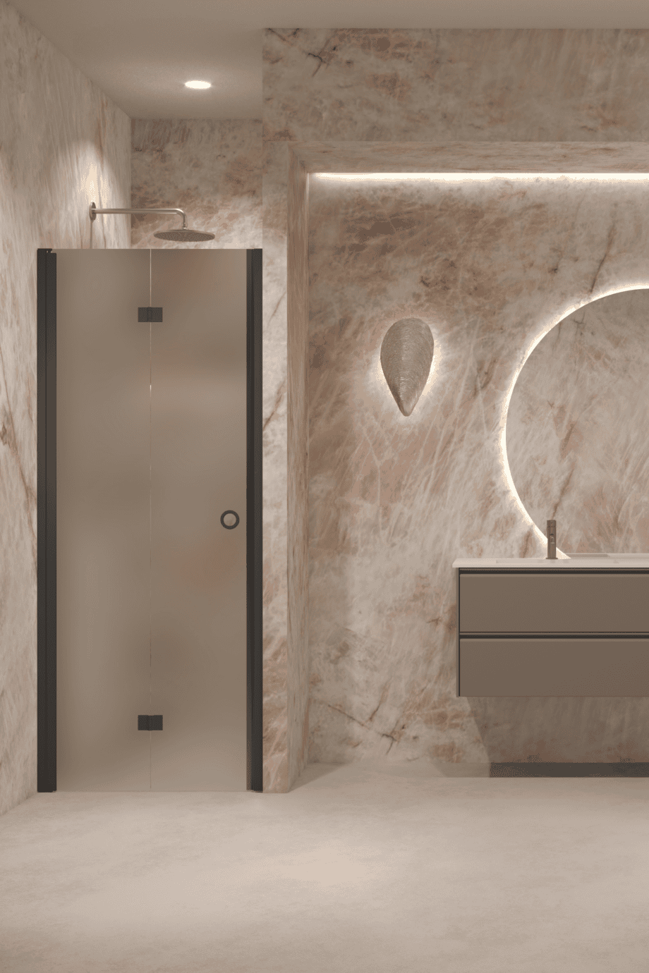 Folding shower door with wall magnet Hietakari Forma 383, black frame, satin frosted glass Folding shower door with wall magnet Hietakari Forma 383, black frame, satin frosted glass