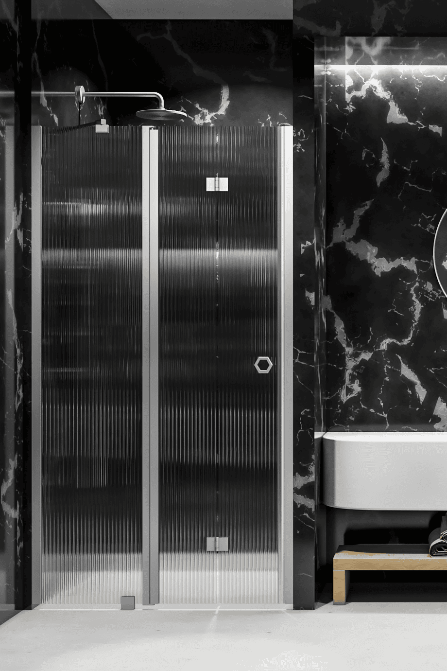 Folding shower door with fixed part and wall magnet Hietakari Forma 385, aluminium frame, clear glass Folding shower door with fixed part and wall magnet Hietakari Forma 385 ā 5