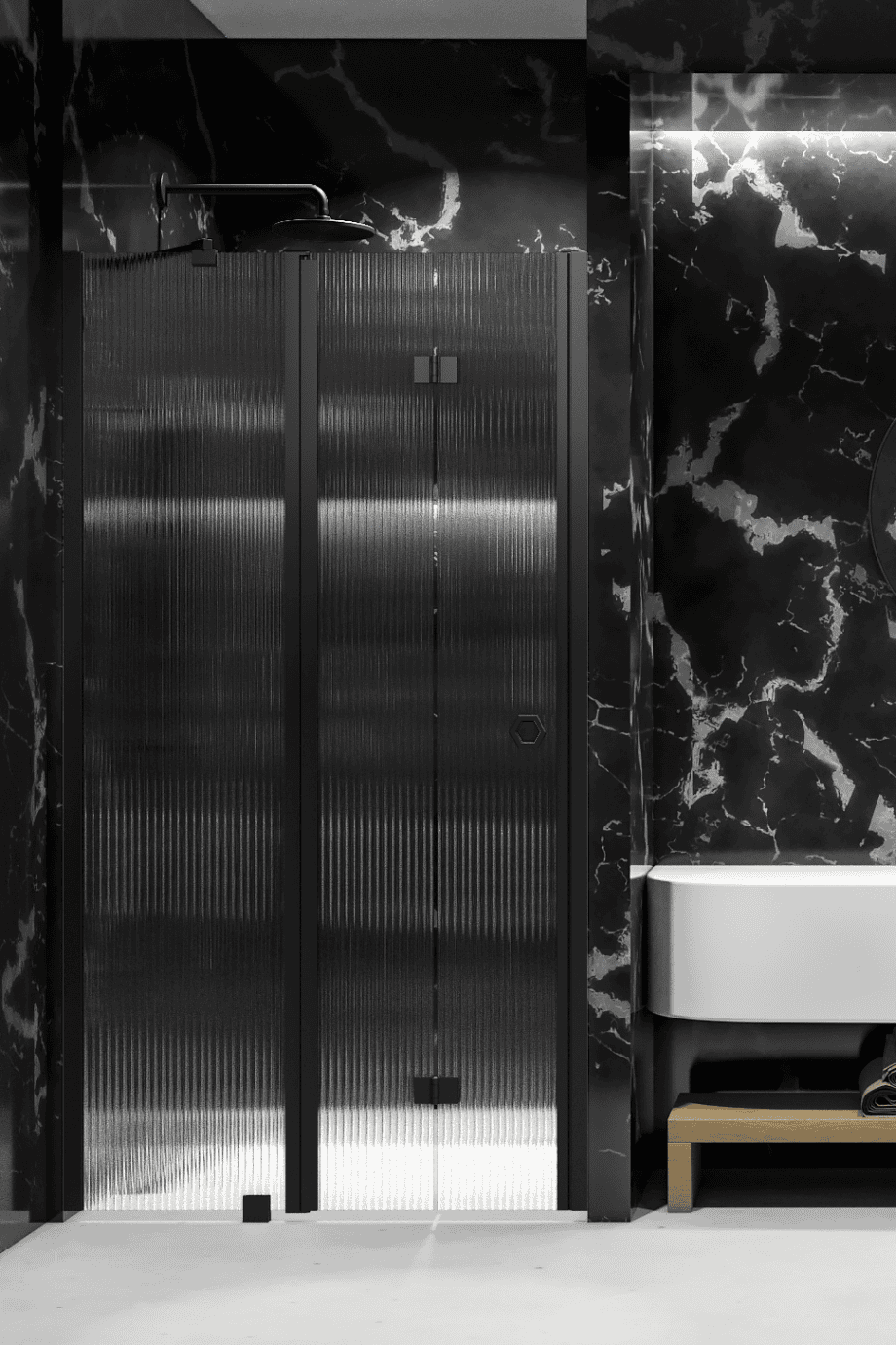 Folding shower door with fixed part and wall magnet Hietakari Forma 385, black frame, clear glass Folding shower door with fixed part and wall magnet Hietakari Forma 385 ā 6