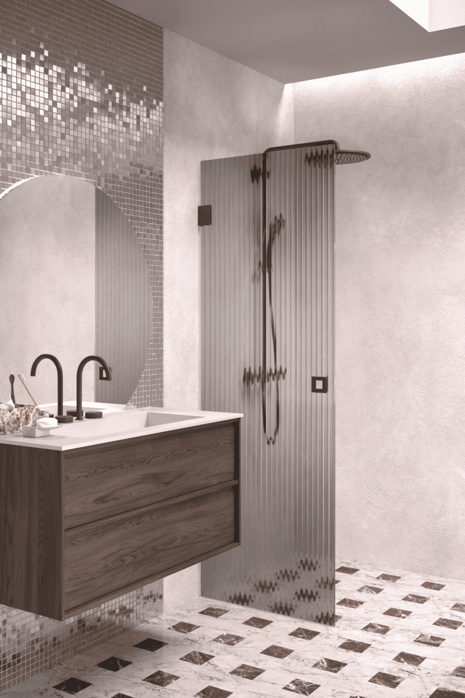 Hinged shower door Hietakari Vetro 512, Cocoa fittings, grey reeded glass