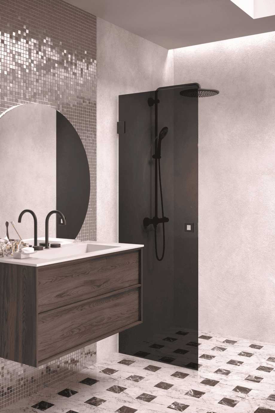 Hinged shower door Hietakari Vetro 512, Cocoa fittings, black glass
