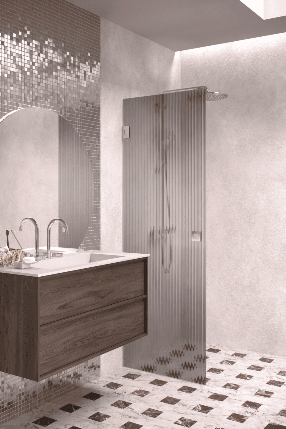 Hinged shower door Hietakari Vetro 512, chrome fittings, grey reeded glass